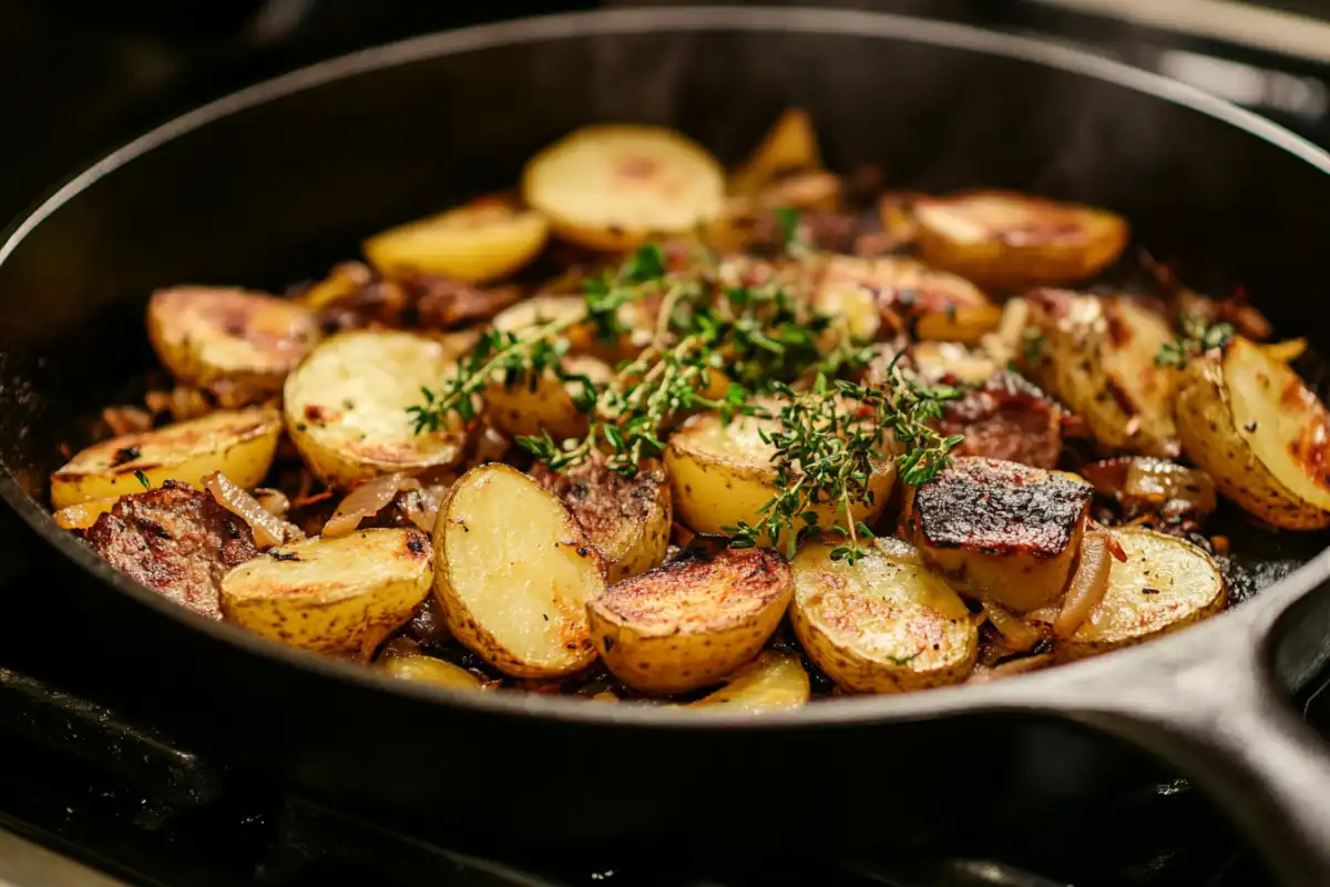 Do you cook potatoes or meat first?