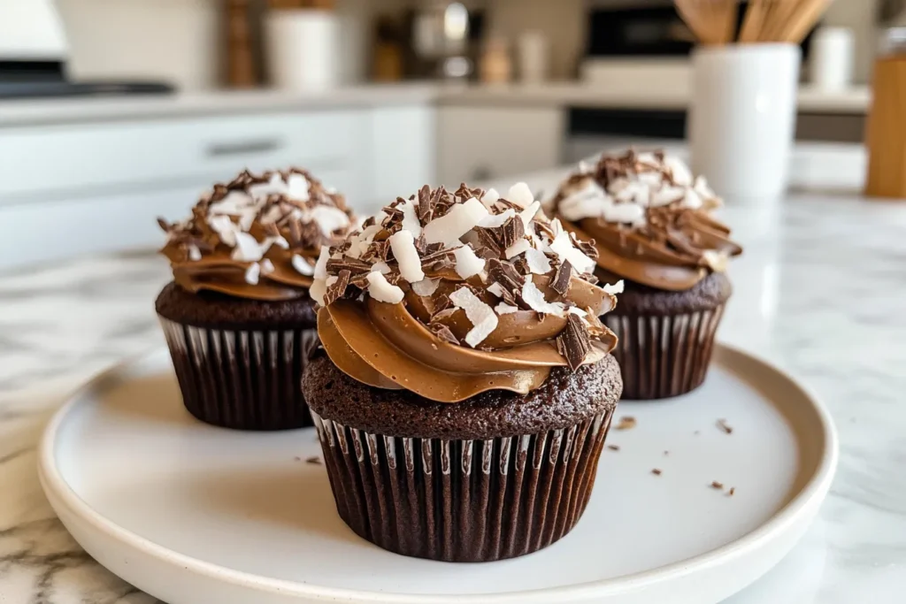 German chocolate cupcake with elegant garnishes of chocolate shavings and coconut flakes.