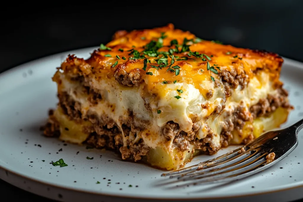 A slice of delicious hamburger potato casserole being served.