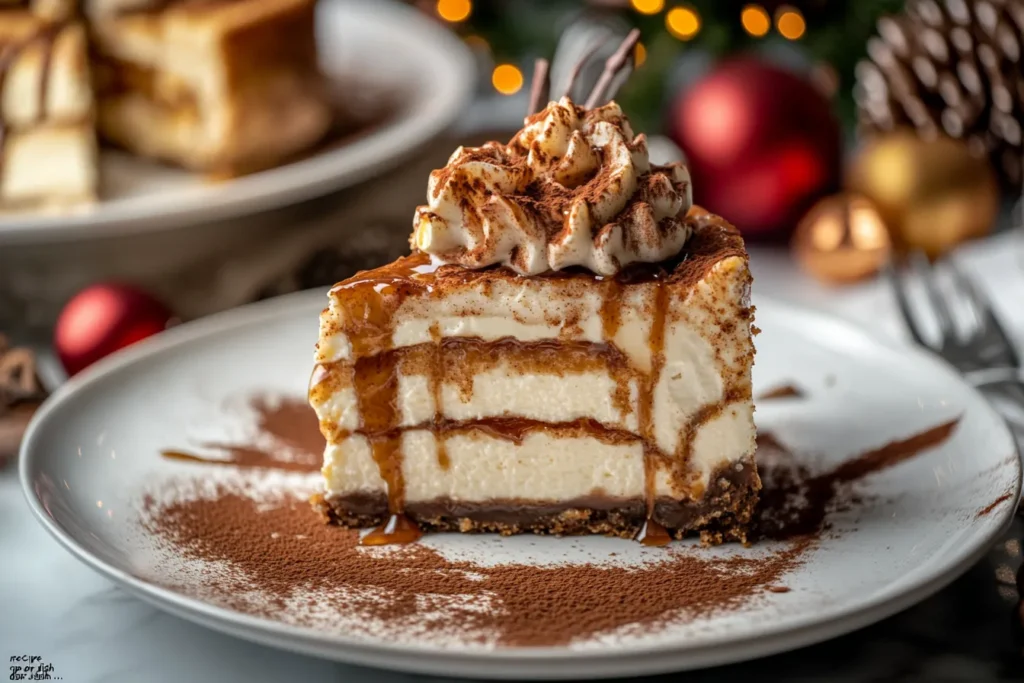 : A slice of glazed cinnamon roll cheesecake.