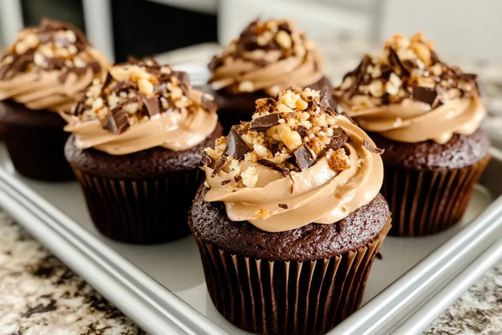 Baking tray with fresh German chocolate cupcakes.