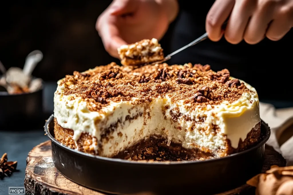 Hands arranging cinnamon rolls in the pan for the cinnamon roll cheesecake.