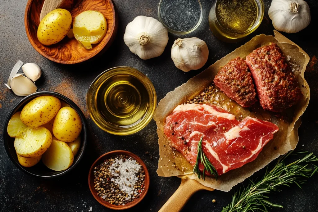  Fresh ingredients for making a hamburger potato casserole.