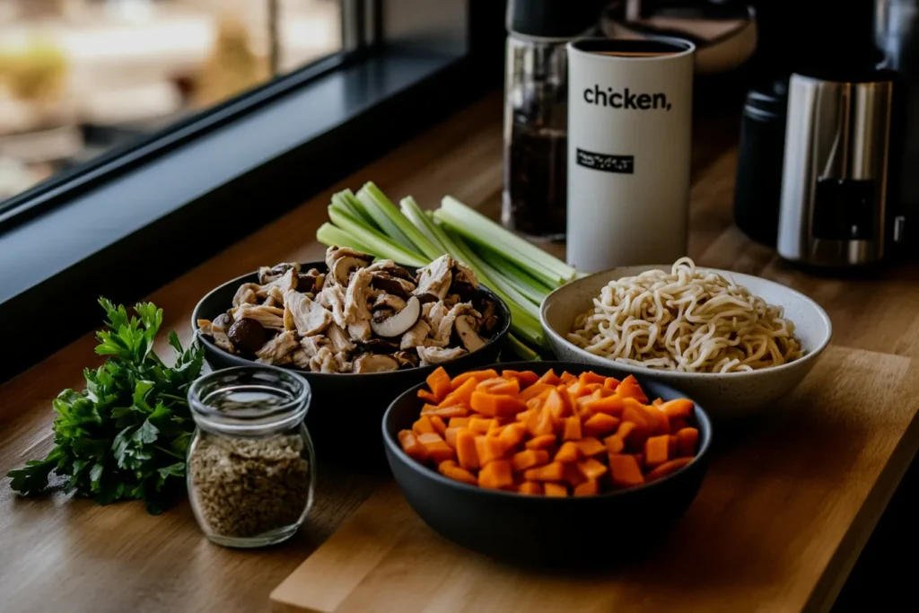  Fresh ingredients for homemade vegan chicken noodle soup.