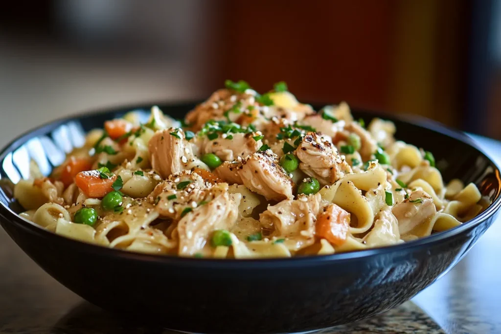 Delicious bowl of vibrant vegan chicken noodle soup.
