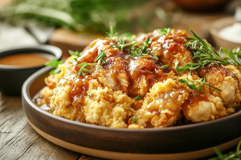 A whole chicken being basted in the oven with golden-brown crispy skin and flavorful juices.