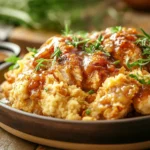 Southern-style chicken and dressing served with rich gravy on a rustic wooden table.