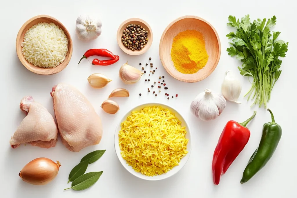 Comprehensive chicken and yellow rice recipe ingredient layout