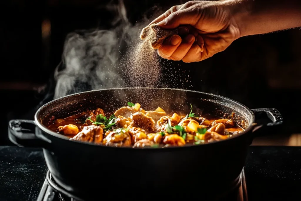 A chef sprinkling file powder over a steaming pot of chicken gumbo.
