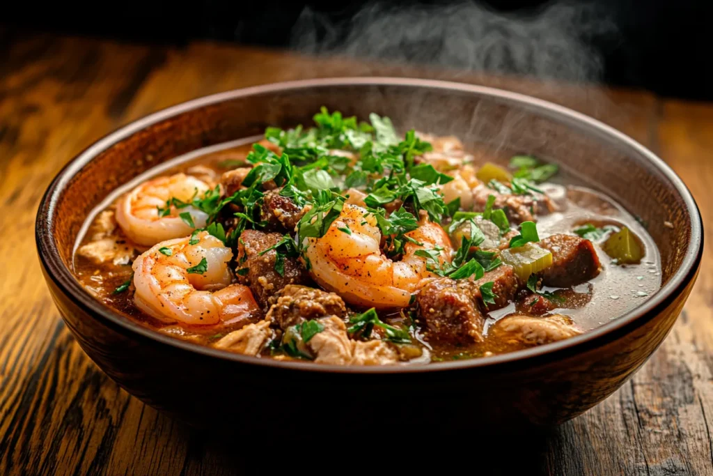 Traditional chicken gumbo with file powder, garnished with parsley.