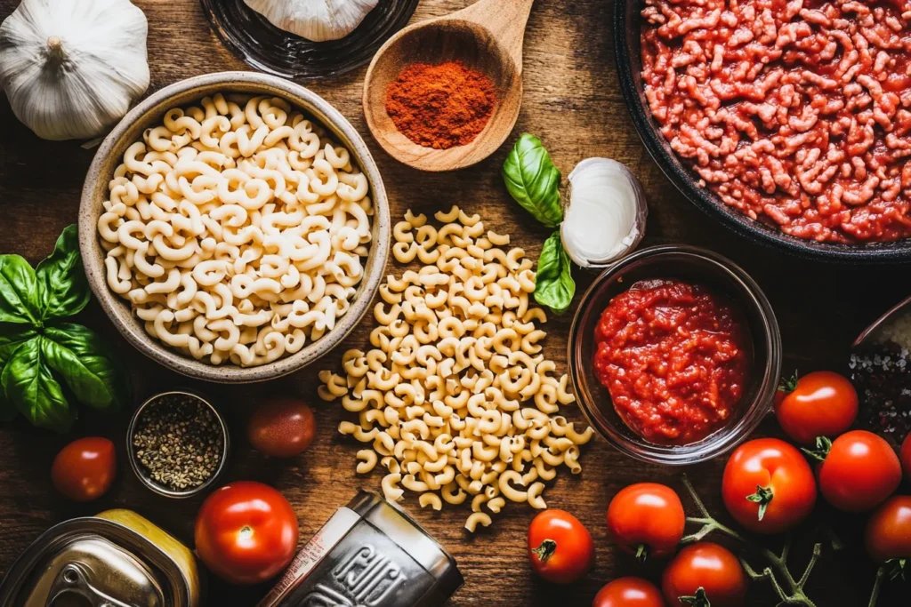 Classic beefaroni recipe ingredients arranged on a wooden countertop.