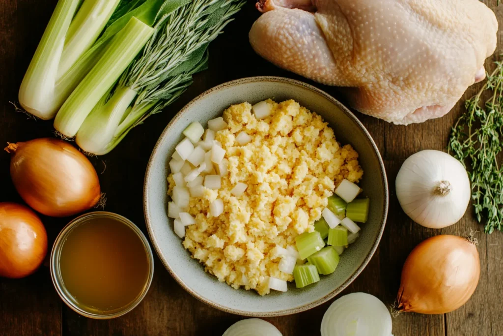 Fresh ingredients for chicken and dressing, including cornbread, herbs, broth, and raw chicken.