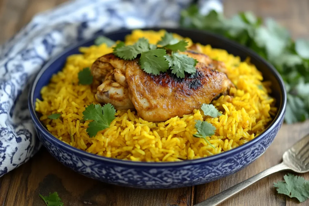 Irresistible chicken and yellow rice recipe close-up