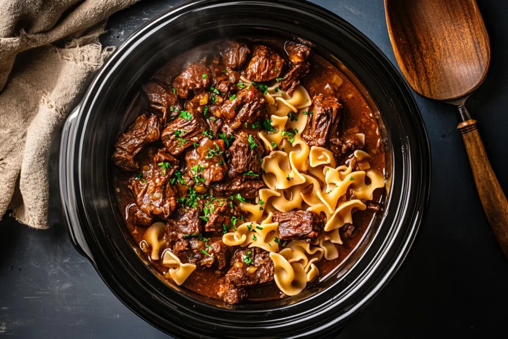 Top-down view of crockpot meal