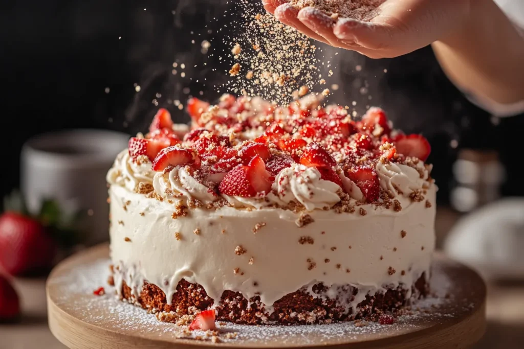 Crunch Topping Being Added to Strawberry Cake