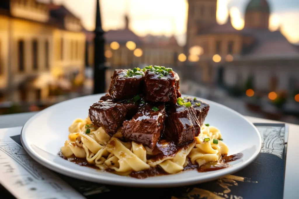 Creamy Crockpot Beef Tips and Noodles with a rich, velvety sauce and fresh chives