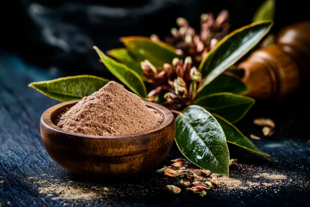 Fresh sassafras leaves and ground file powder in a wooden bowl.