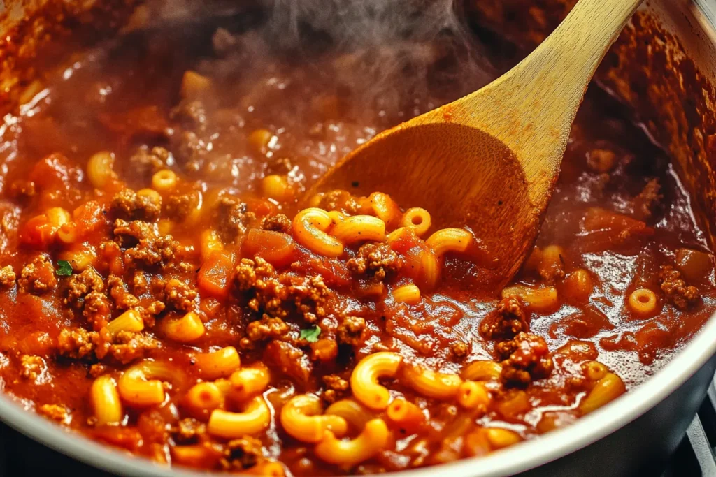 A pot of beefaroni simmering on the stovetop, with a wooden spoon stirring the rich tomato sauce.
