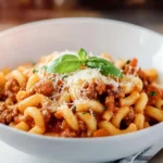 A bowl of freshly made beefaroni garnished with basil and Parmesan, steaming hot and ready to eat.