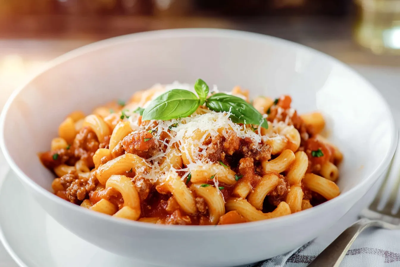 A bowl of freshly made beefaroni garnished with basil and Parmesan, steaming hot and ready to eat.